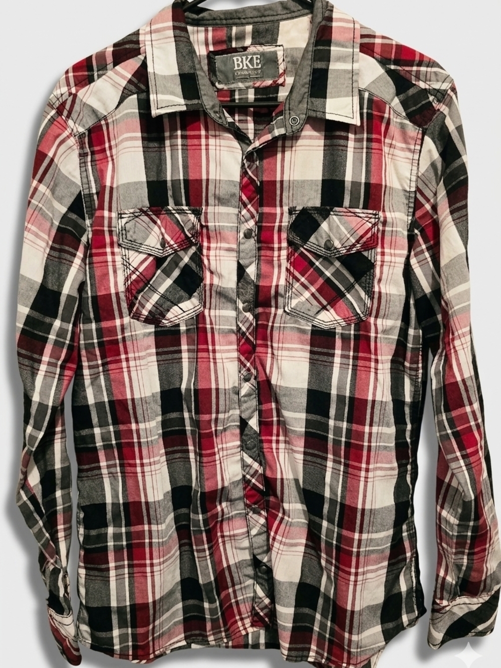 BKE Plaid Button-Up Shirt in Red, Black & White